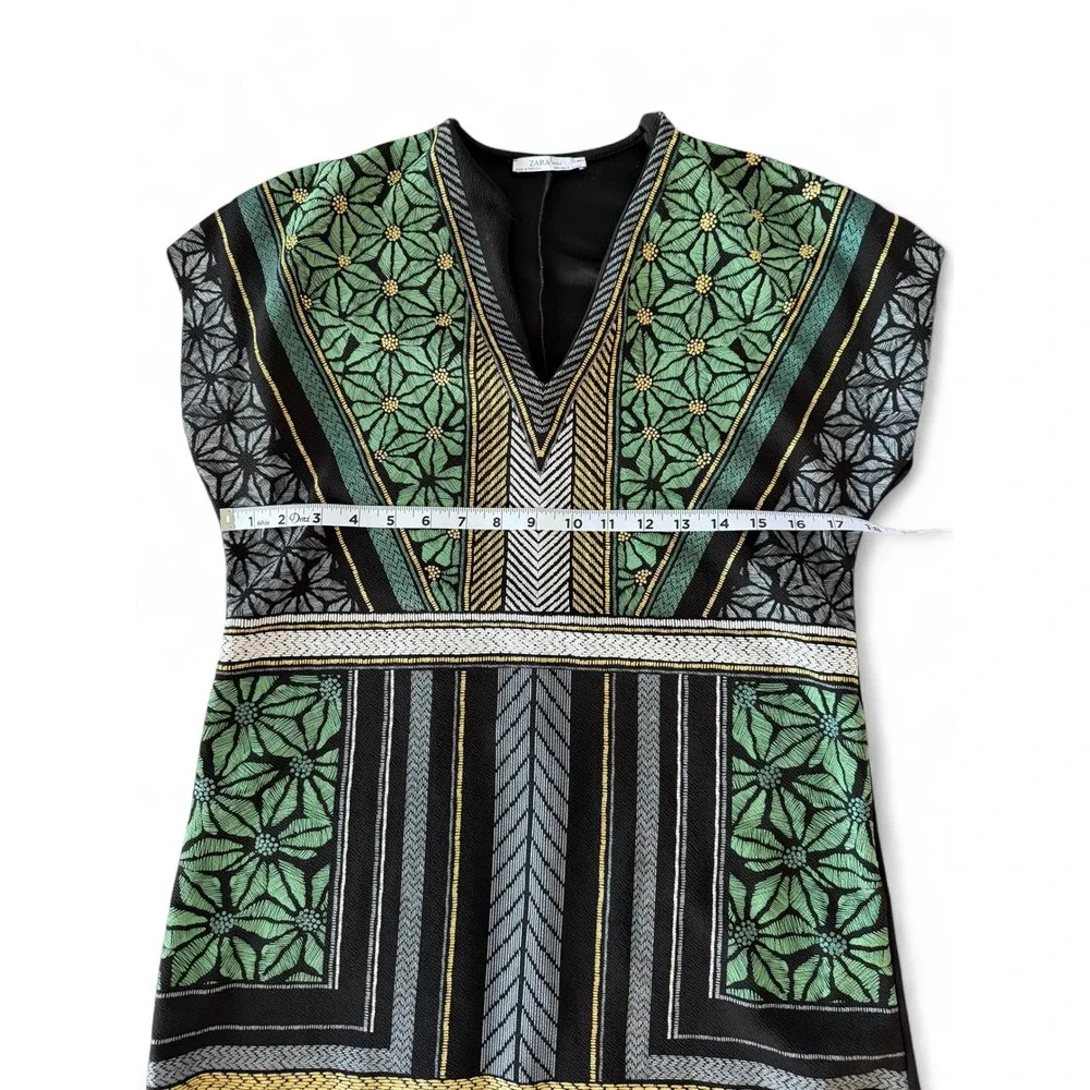 Zara Geometric V-Neck Mini Dress or Tunic‎ with Gold Thread Accents Size Small